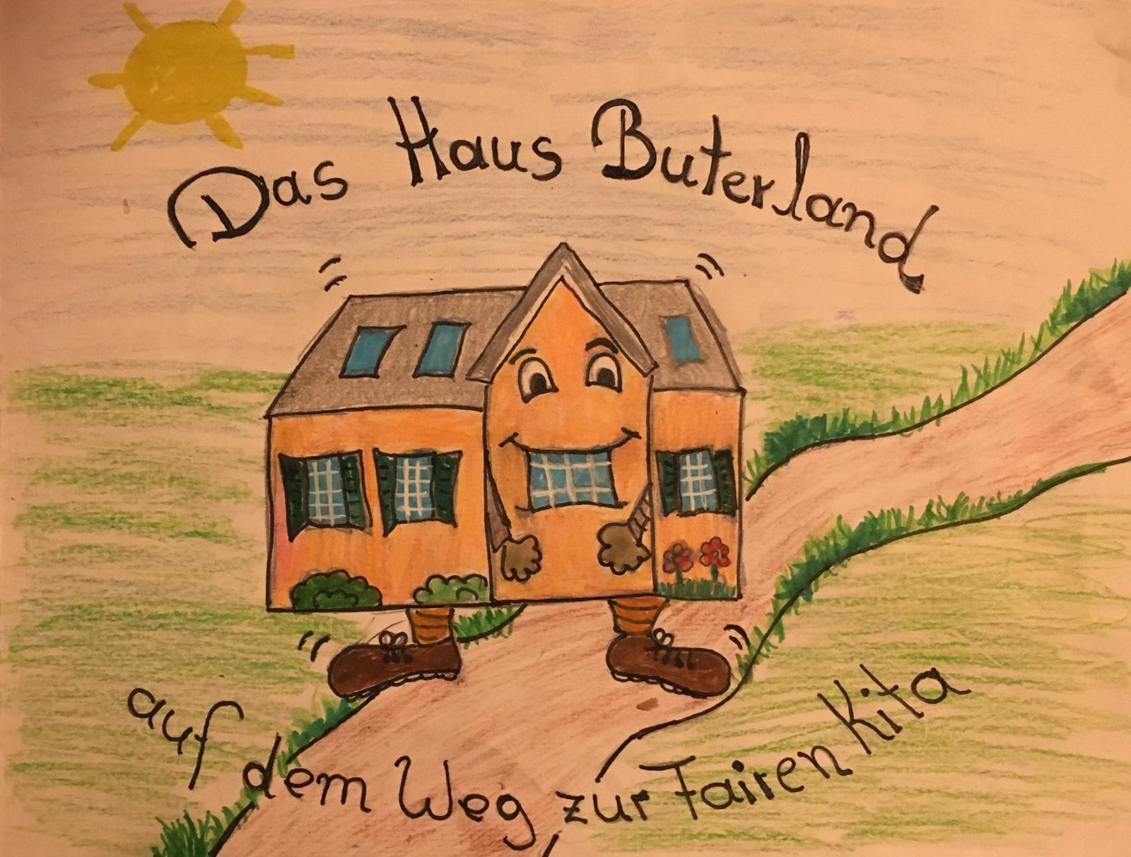 Illustration der Kita "Haus Buterland" mit Schuhen auf dem Weg zur Fairen KiTa.